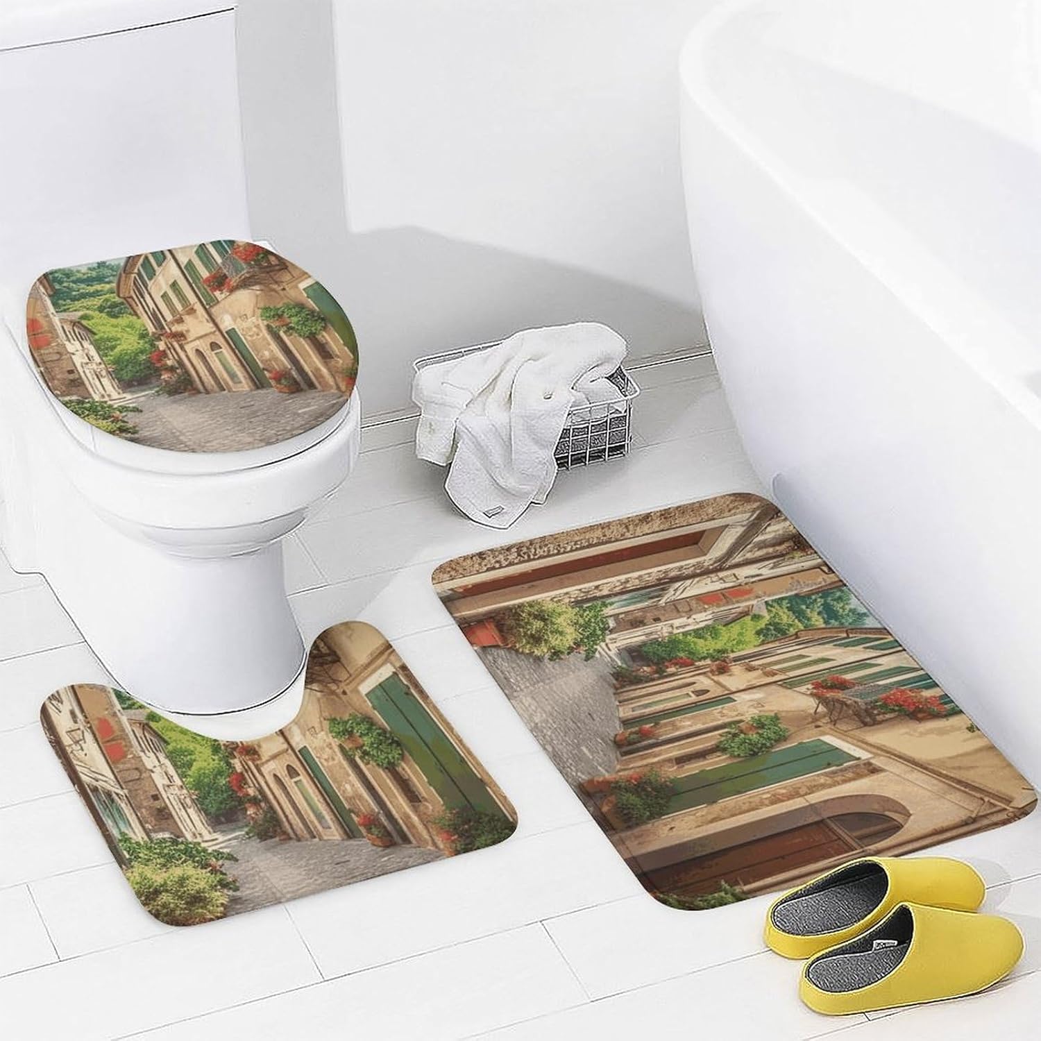 Italy Street Shower Curtain Set 4 Piece, Non-Slip Bath Mat with Toilet Lid Cover and Waterproof Shower Curtain with 12 Hooks, Complete Bathroom Set for Home Decor
