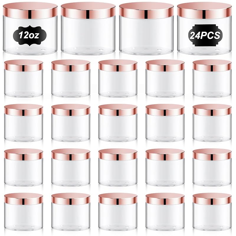 Dandat 24 frascos PET transparentes de 354 mL com tampas rose gold e etiquetas