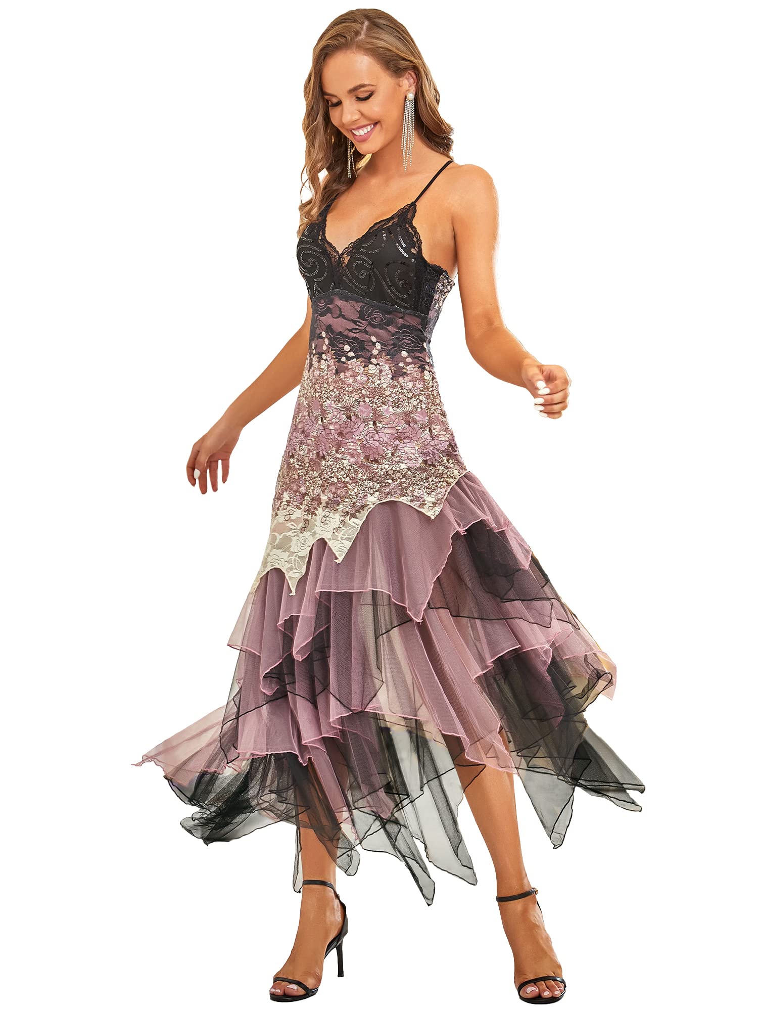 Ever-Pretty Asimétrico Vestido de Fiesta Largo para Mujer Elástico en Encaje Volantes Escote V Boda 6212PL