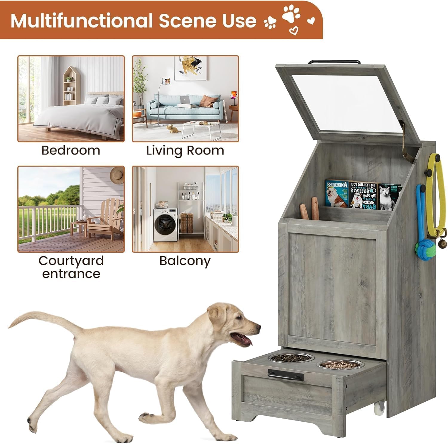 Dog Feeding Station with Storage Cabinet, Raised Pet Feeder Organizer with Elevated Bowls & Hanger, Pet Food Container and Toy Organizer for Living Room, Kitchen - Gray