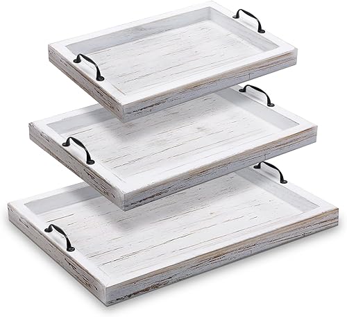 3 bandejas de madera rústica con asas, bandejas para servir alimentos de granja, bandejas de madera vintage para alimentos, bandejas decorativas