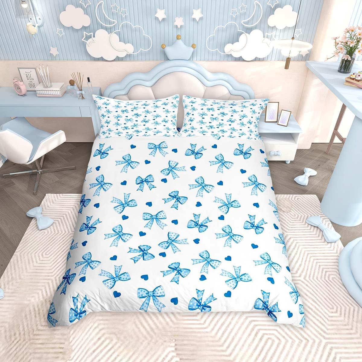Homemissing Grinding Blue Bow Duvet Cover Set Double Size For Kids Girls Bownot White Bedding Set Princess Style Microfiber Heart Duvet Cover with 2 Pillowcases — image 1