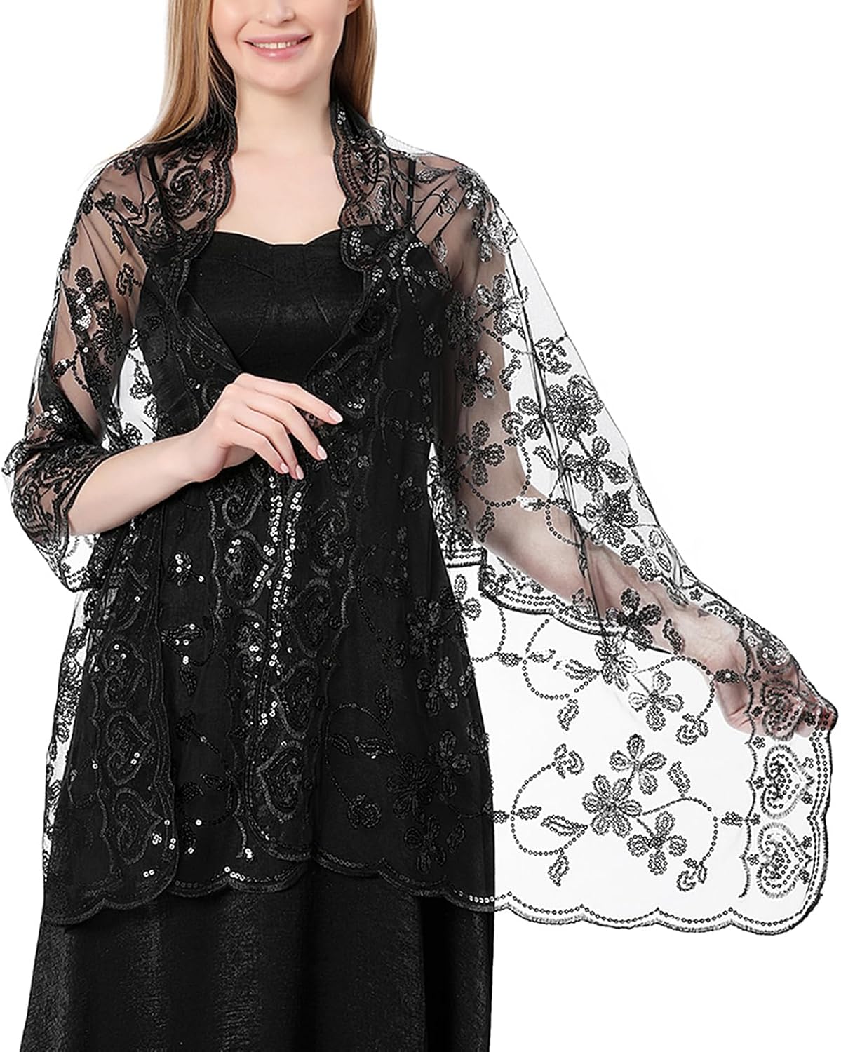 Ladiery Sequin Floral Shawls and Wraps for Evening Dresses,Women sparkly Sheer Mesh Wedding Shawls for Evening Party - Image 2