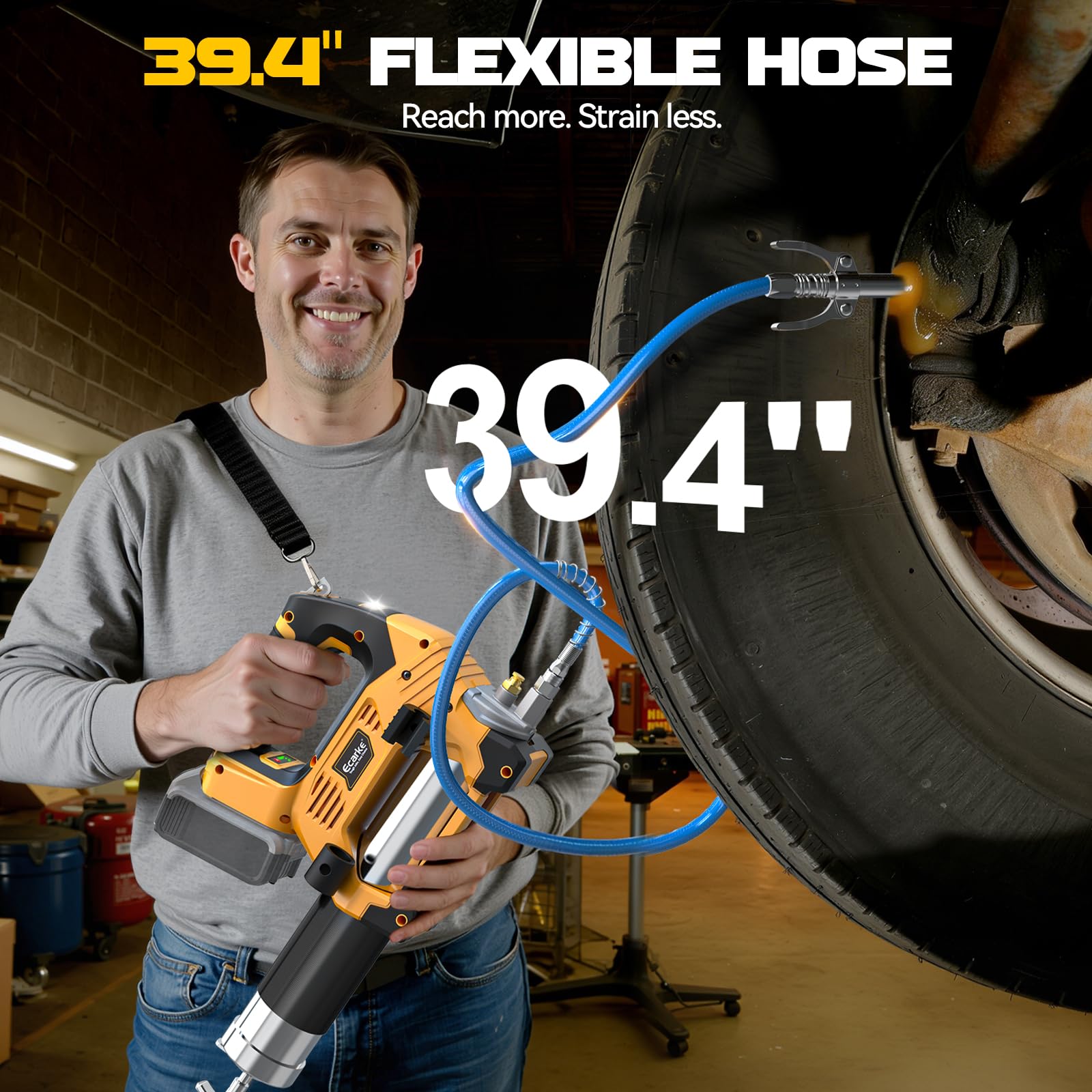 Ecarke Pistola de grasa inalámbrica, compatible con batería DeWalt de 20 V (herramienta desnuda), flujo ajustable de 3 velocidades, 12,000 PSI máximo, manguera de 39 pulgadas, funciona con grasa a