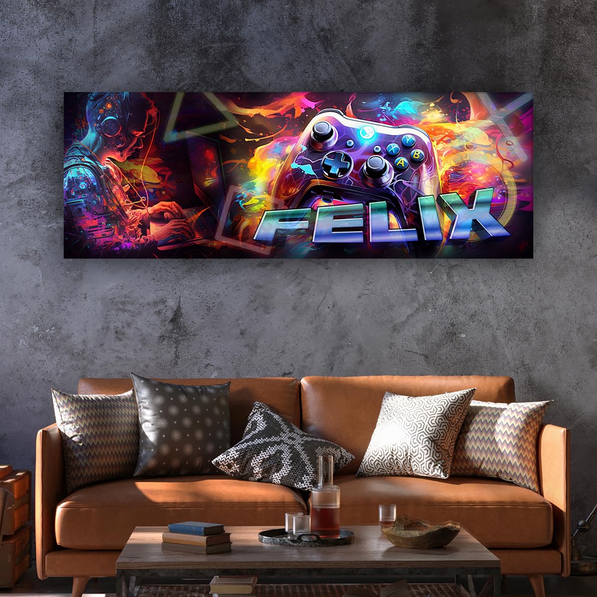 tjapalo® vz61 tableau gamer chambre ado toile prenom personnalisable deco mural chambre garcon deco gaming deco mural chambre ado Poster mural gamer toile gaming (90x30cm)