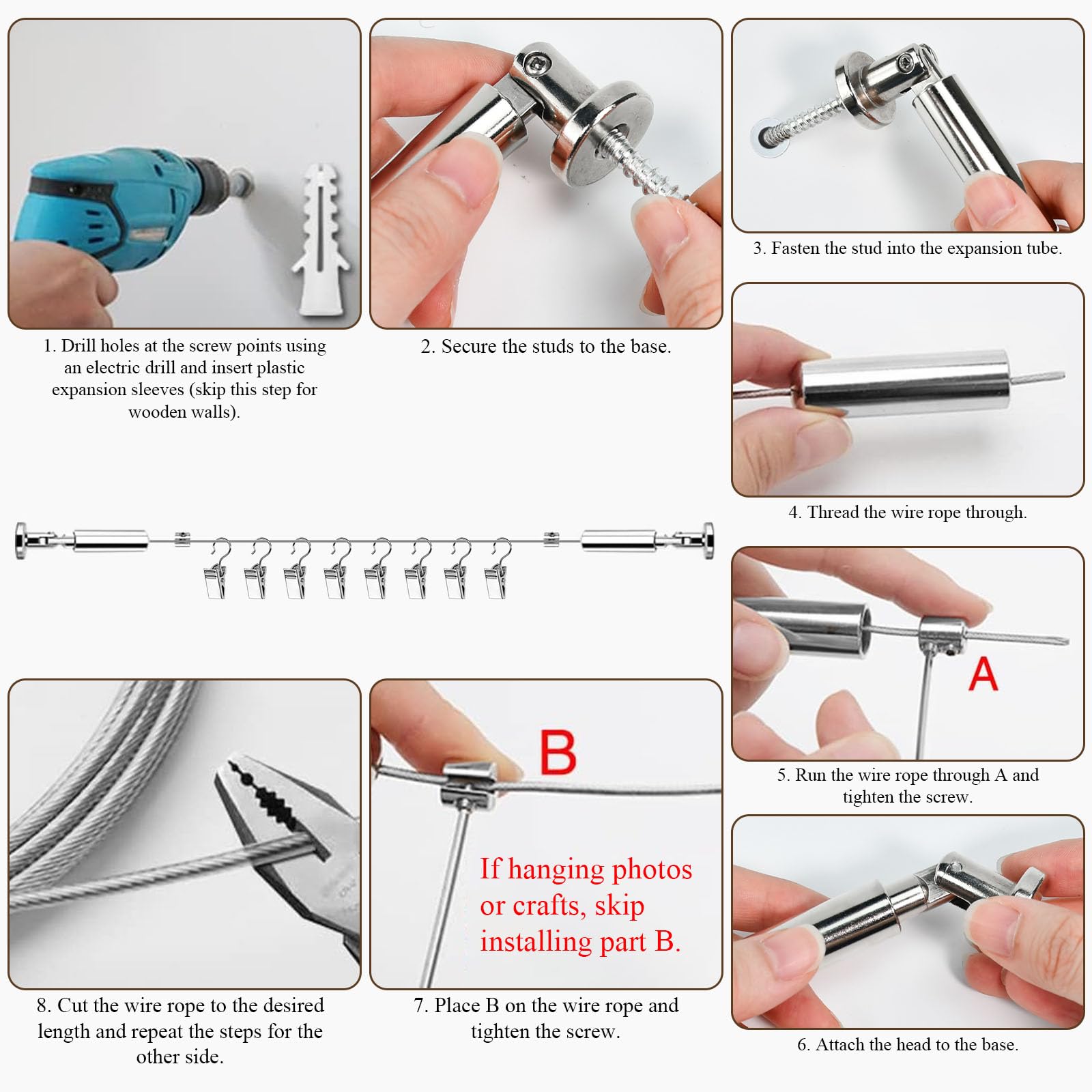 Cavo Metallico per Tende,Filo per Tende in Acciaio Inossidabile da 5m,Cavo di Tensione Della Tenda con 30 Pz Gancio per Appendere Tende Da Doccia, Foto, Artigianato