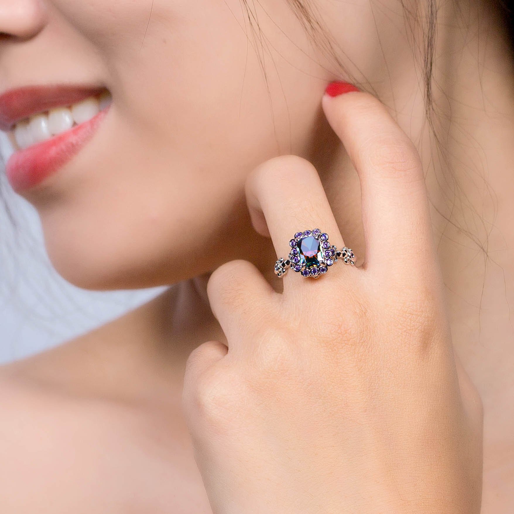 Emsione Created Rainbow Topaz 925 Sterling Silver Plated Halo Ring for Women