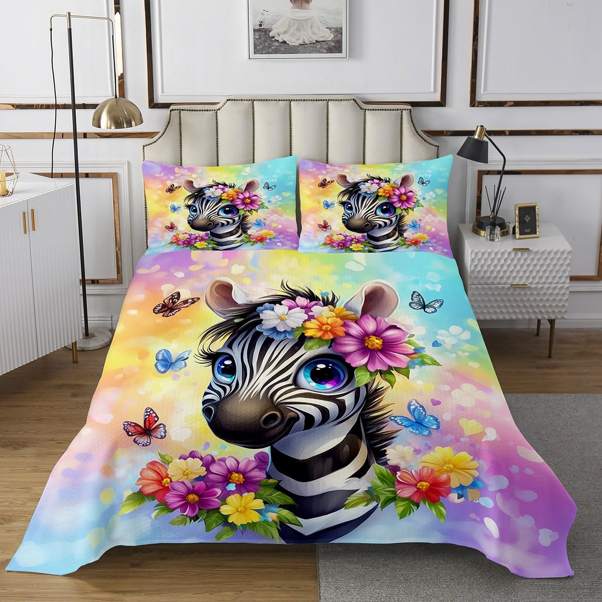 jejeloiu Zebra Bedspread Kids Zoo Animal Flroal Coverlet Set Twin Size Black and White Quilted Coverlet for Room Decor Soft Girl Butterfly Blossom Pink Purple