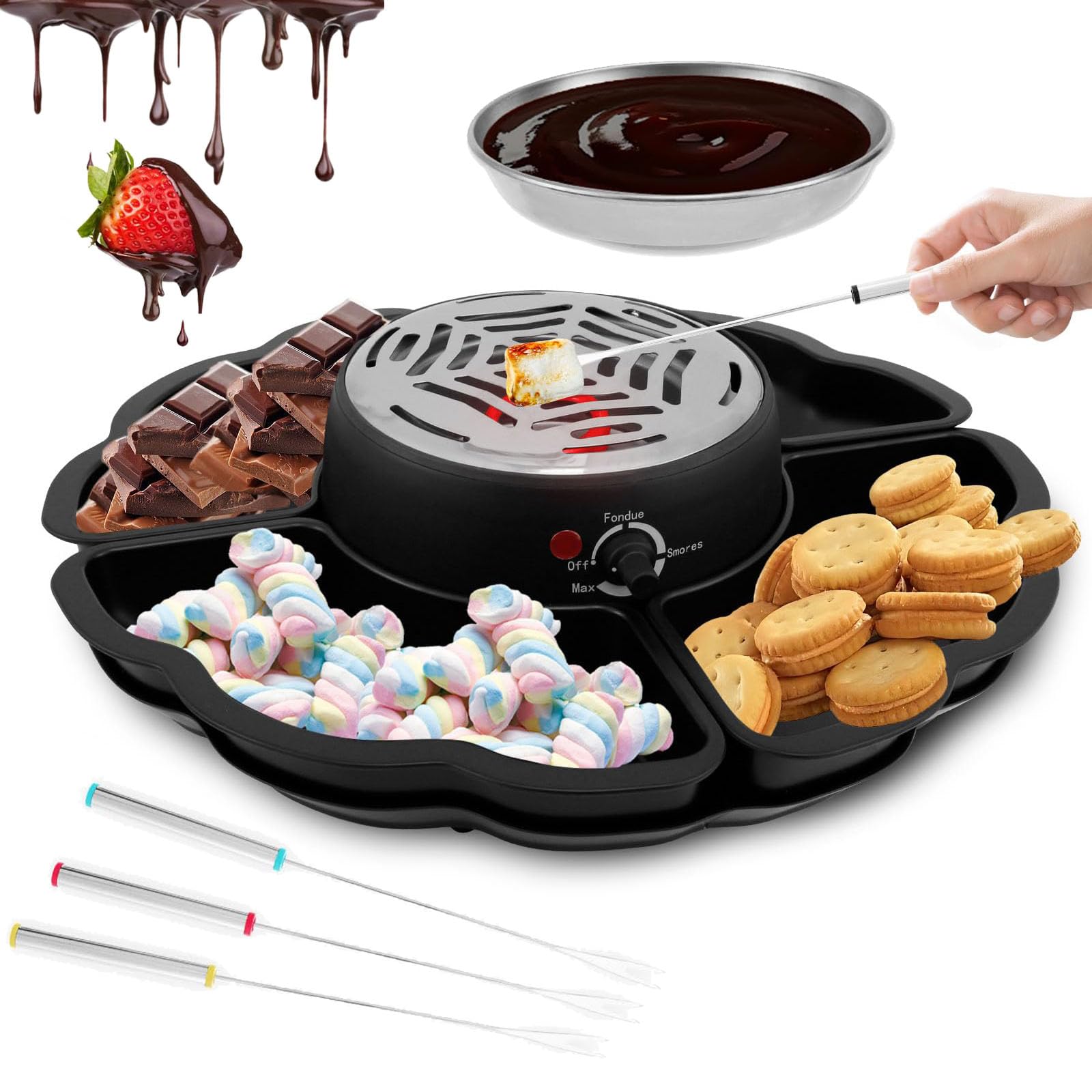 Máquina Para Hacer Smores Eléctrica 2 en 1, Juego de Fondue de Chocolate y Tostador de Malvaviscos de Mesa Sin Llama, Kit de Smores Para Interiores con Quemador Para Citas Nocturnas