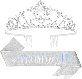 Silver Prom Queen Sash Shiny Prom Queen Sash and Tiara Set for Women Girls Crystal Queen Crown for Quinceanera Halloween Prom Pageant Wedding Anniversary Birthday Party