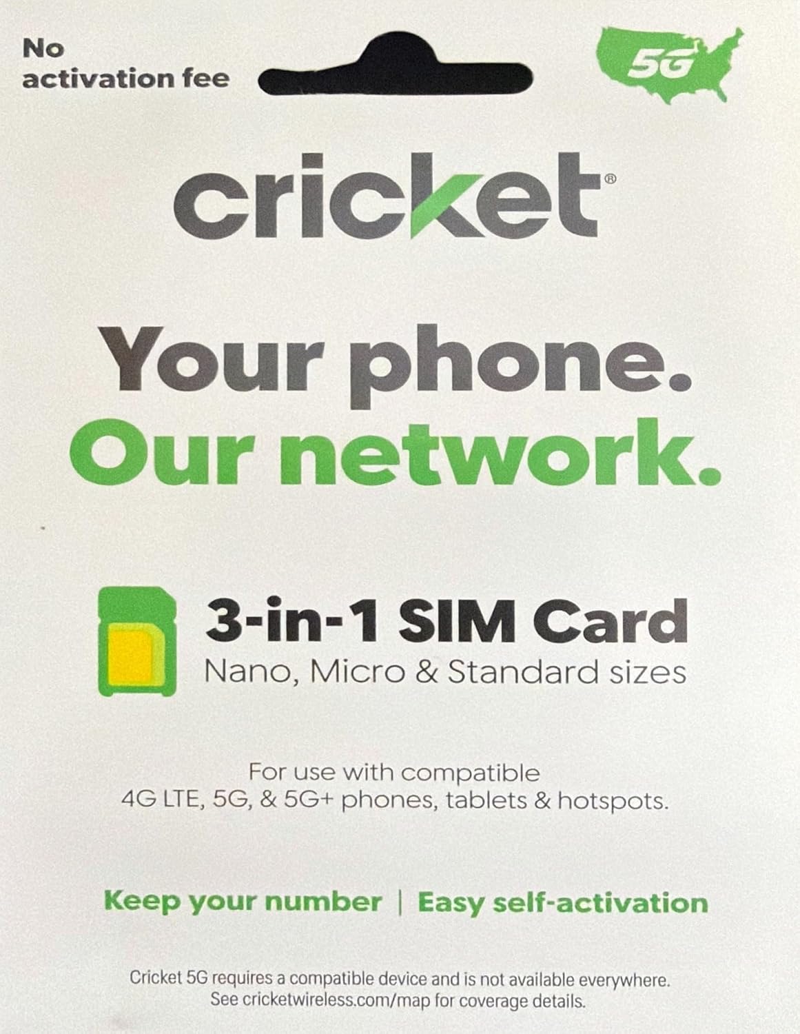 Cricket 4G/5G Tri-Cut SIM Cards, 10-Pack | Bulk Prepaid SIM Starter Kits, Cricket Locked & Unlocked GSM Devices, 3-in-1 Nano Micro Standard, BYOD Ready, No Contract