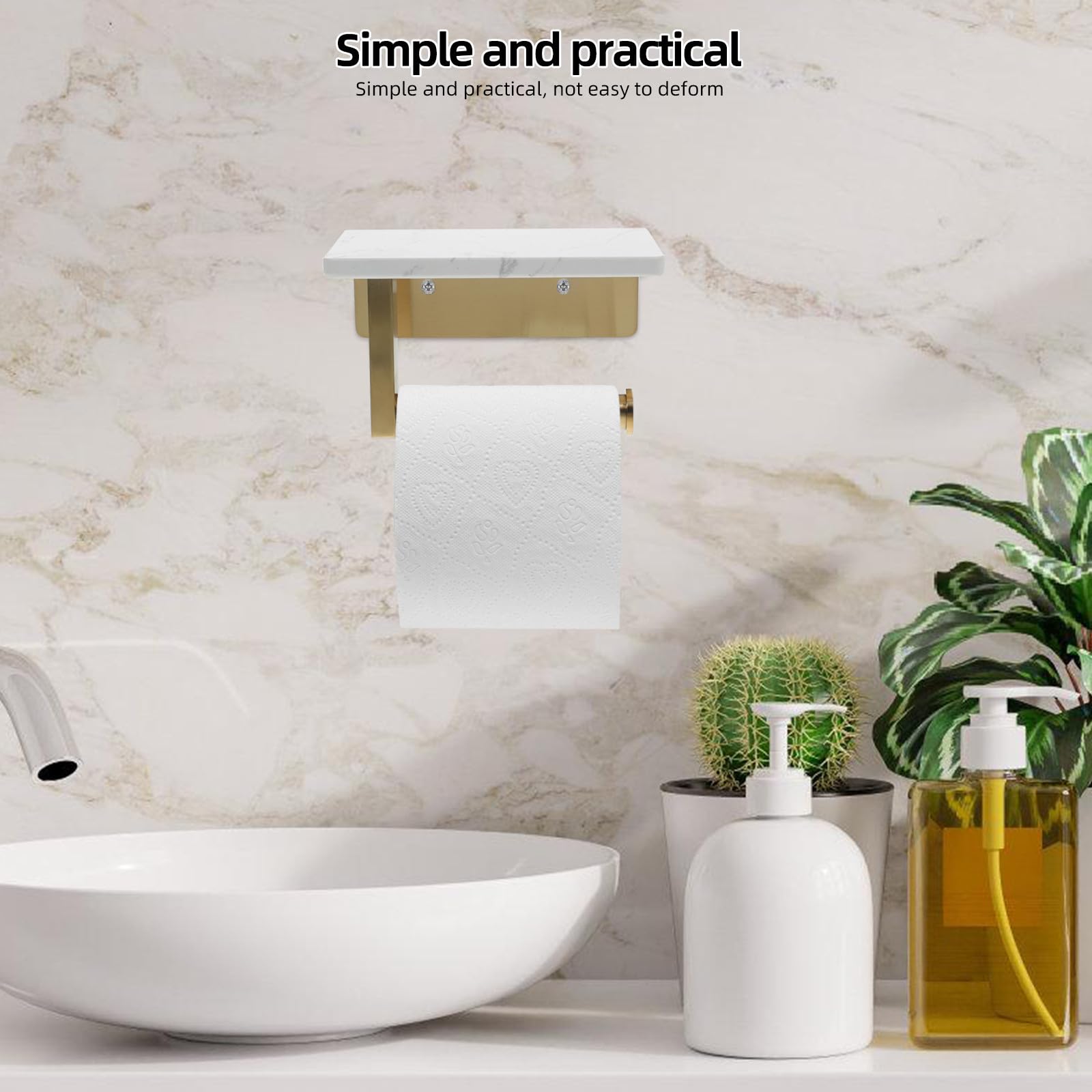 Portarotoli Carta Igienica da Parete Oro in Acciaio Inox Mensola Marmo | Distanza Fori 8, 3cm, Piano Superiore per Oggetti e Profumo, Stile Moderno Elegante