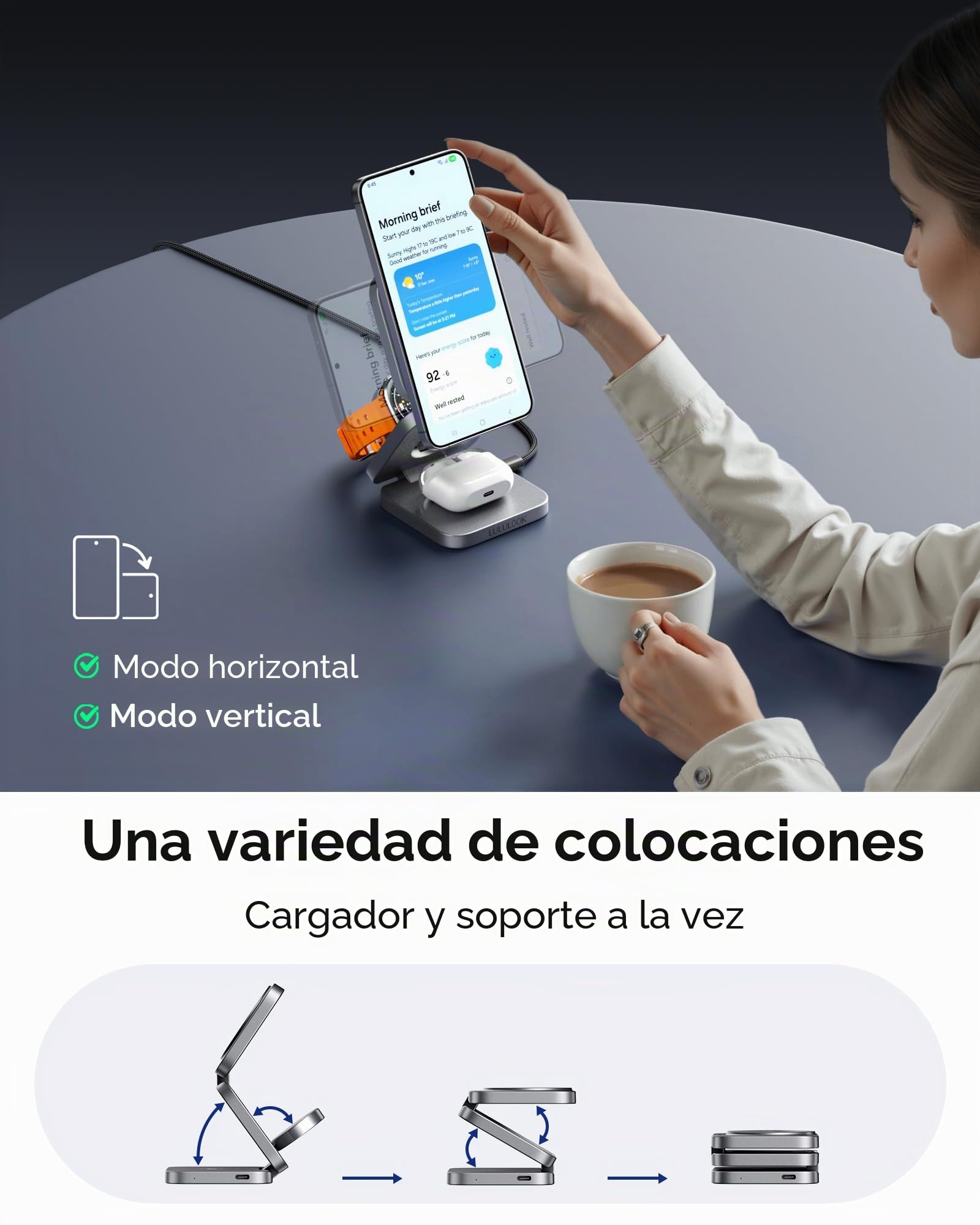 LULULOOK Qi2 Cargador Inalámbrico para Samsung,Plegable Magnética 3 en 1 Estación de Cargador 15W para Galaxy S25 Ultra S24,S23 S22,Note,Z Fold 7,Flip,Cargador 5W para Galaxy Watch Ultra/7/6/5/4/Buds