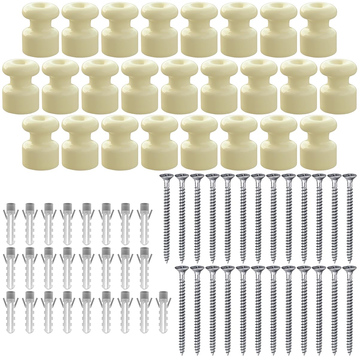 Lot de 25 isolateurs en porcelaine pour câble tressé textile pour installation électrique vintage, Support Isolant pour Câble Tressé, Isolateurs Céramiques Vintage, Ø 18 mm, Beige brillant
