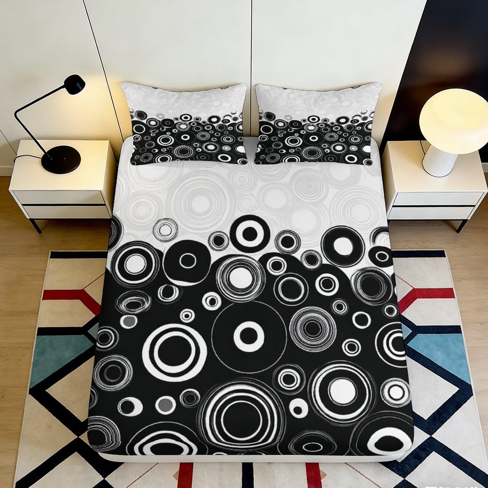 3D Printed Black White Geometric Circles Fitted Sheet Microfiber Soft Breathable Abstract Mattress Cover Bedroom Decor 90x200x25cm