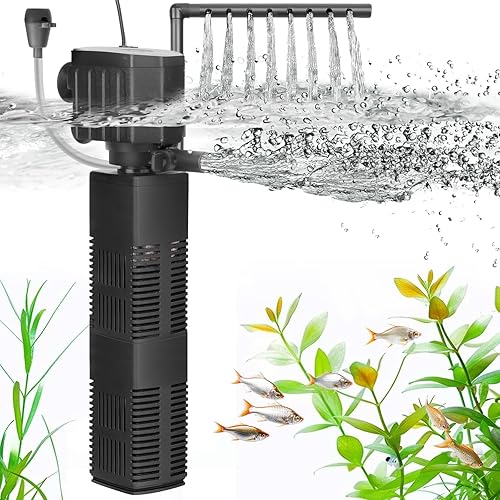 AQQA Filtro de acuario, filtración de 3 etapas, fabricante de ondas ajustables y oxigenador, bomba sumergible silenciosa de 18 W 164 GPH, filtro de