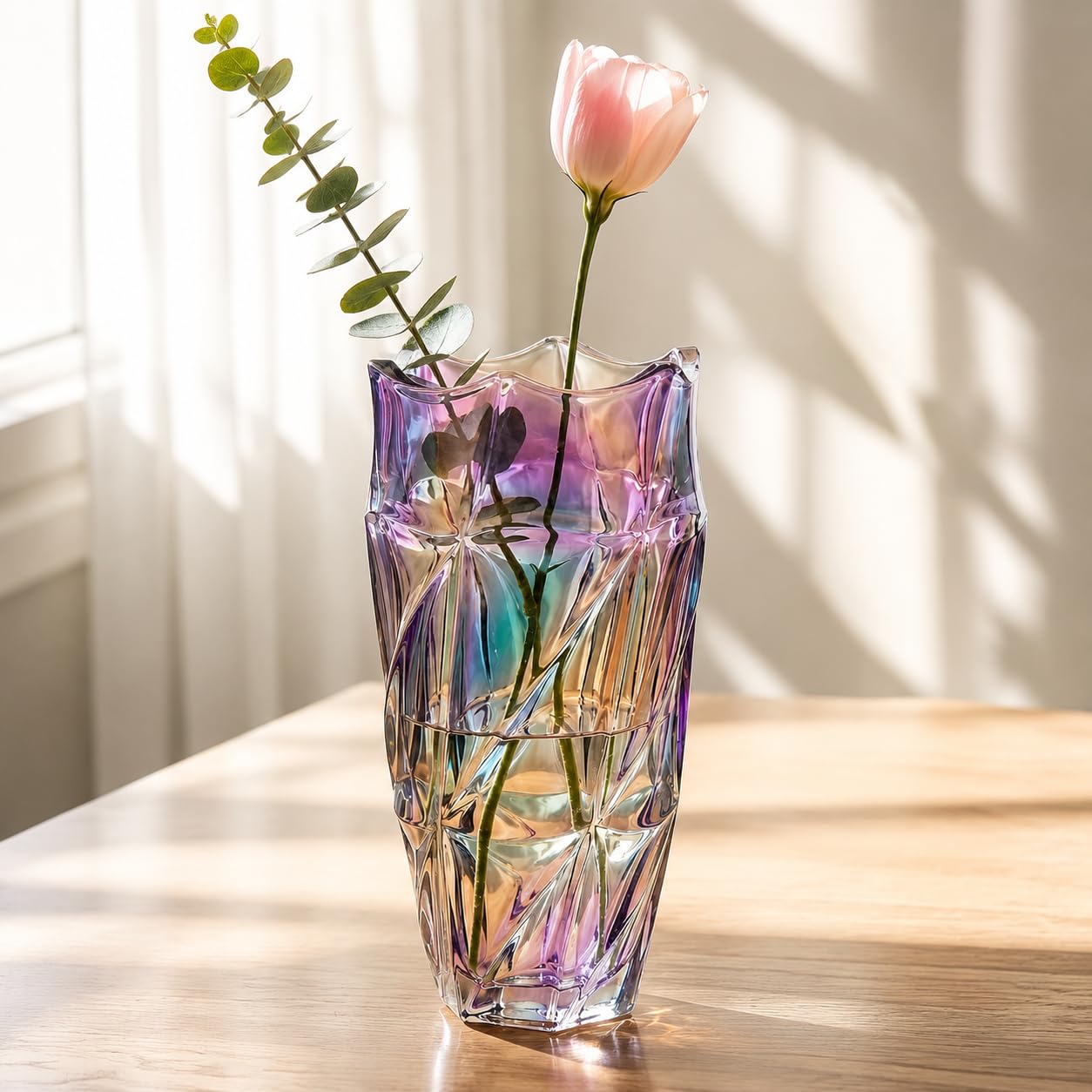 OAMCEG Glass Vase for Flowers Iridescent, Holder Rainbow Glass Modern Nordic Design, Cut Crystal Style Vases for Flowers- Large Tall Crystal Coloured Flower Vases Ornaments for Living Room