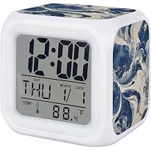 Navy White Square Digital Alarm Clock, Marble Modern Artwork LED Bedside Clock with Silent Non-Ticking Movement & Adjustable Glow Night Light, Easy to Set for Bedroom, Kids/Teens/Seniors