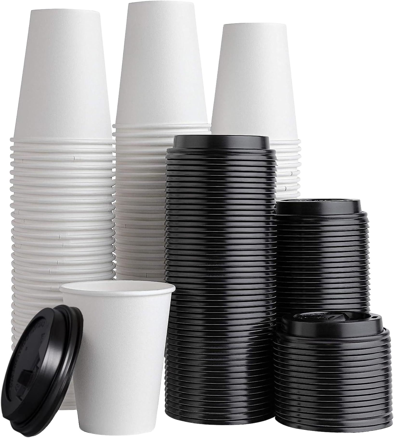 Disposable Coffee Cups with Lids, 12 oz, 100 Pack, Paper, White