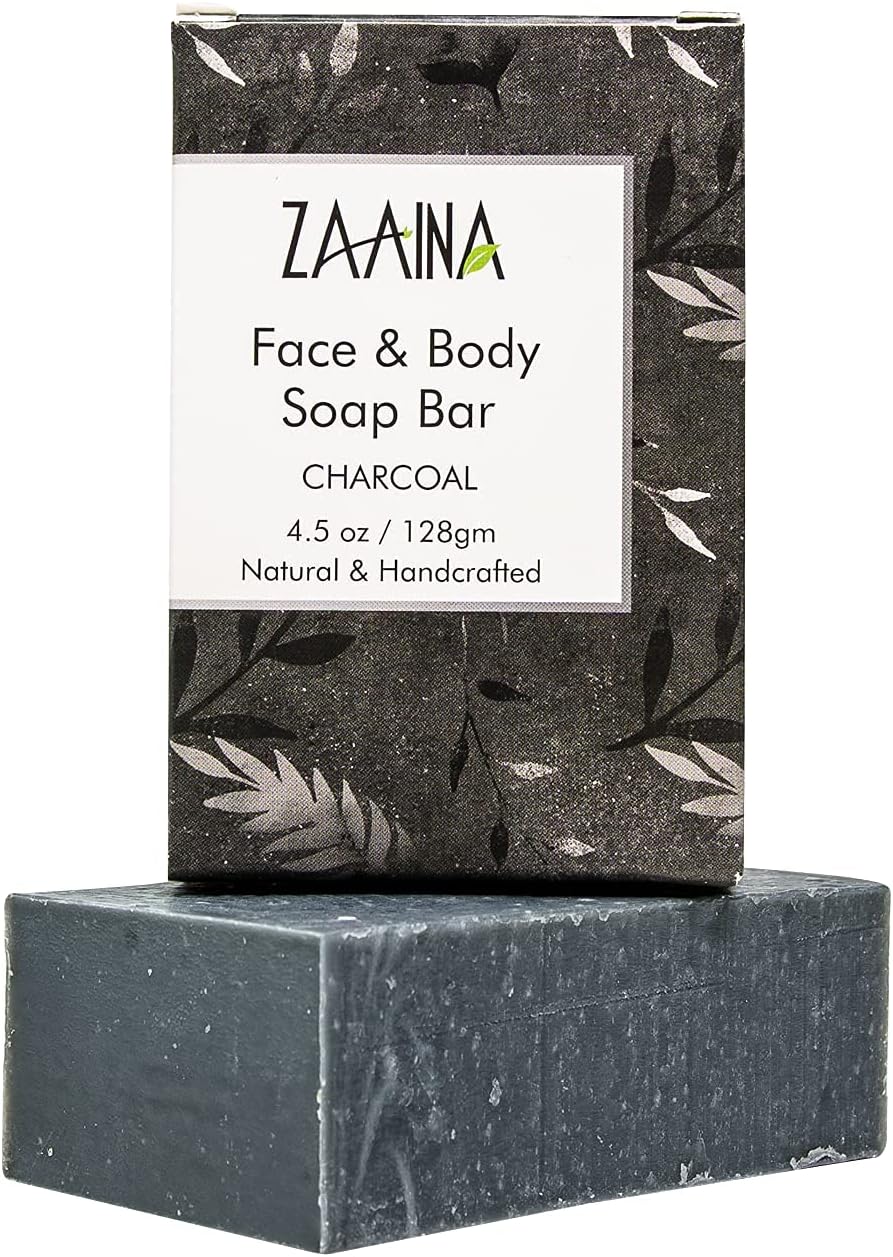 Activated Charcoal Handmade Soap Bar for Deep Facial & Body Wash | Exfoliating & Detoxifying Face Cleanser for Clear & Clean Skin | Pure, Natural & Organic Ingredients by ZAAINA - 4.5 Oz