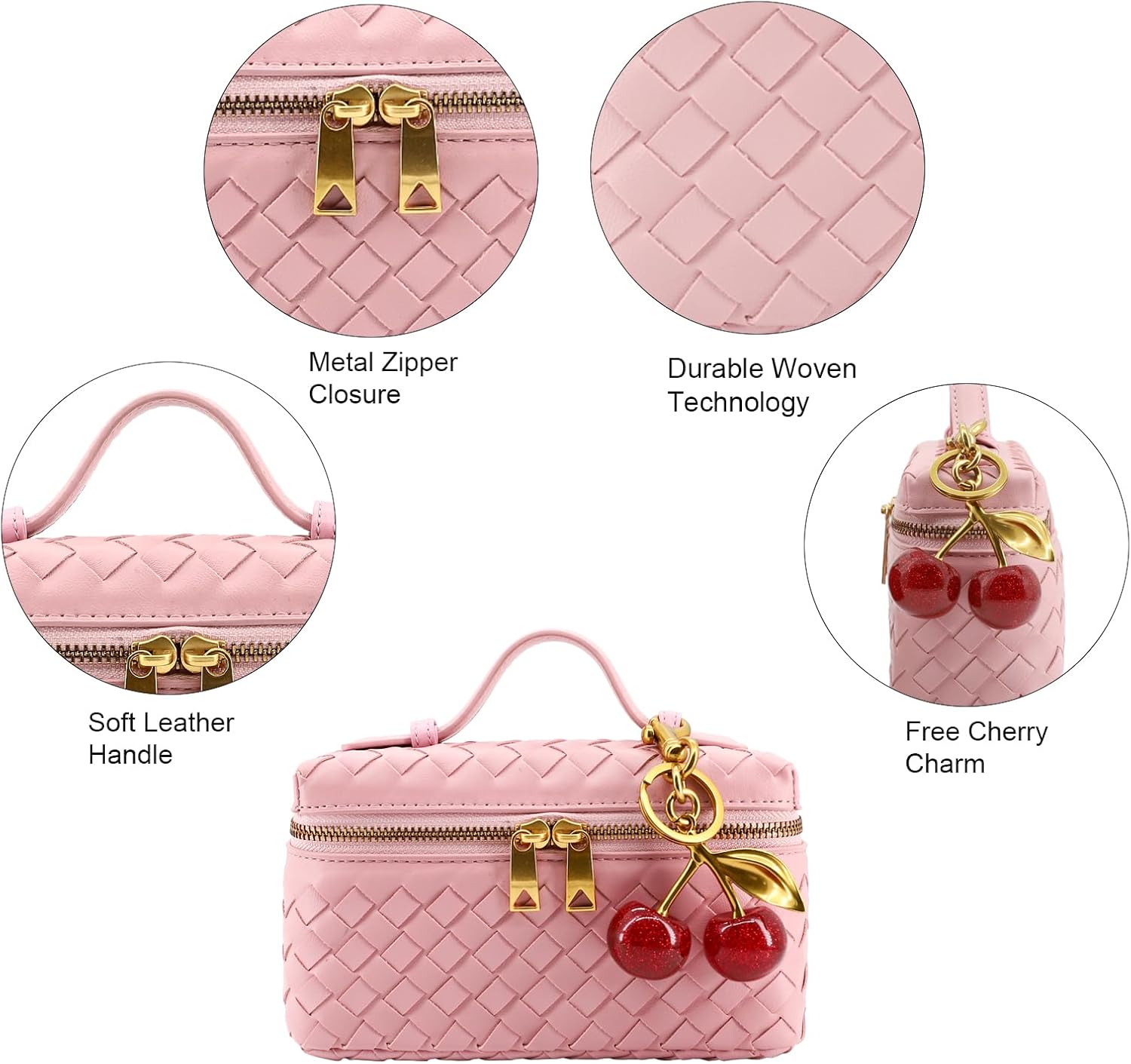 Woven Crossbody Bags for Women Trendy Clutch Purse Bag Small Top Handle Leather Handbag with Cherry Charm - Image 4