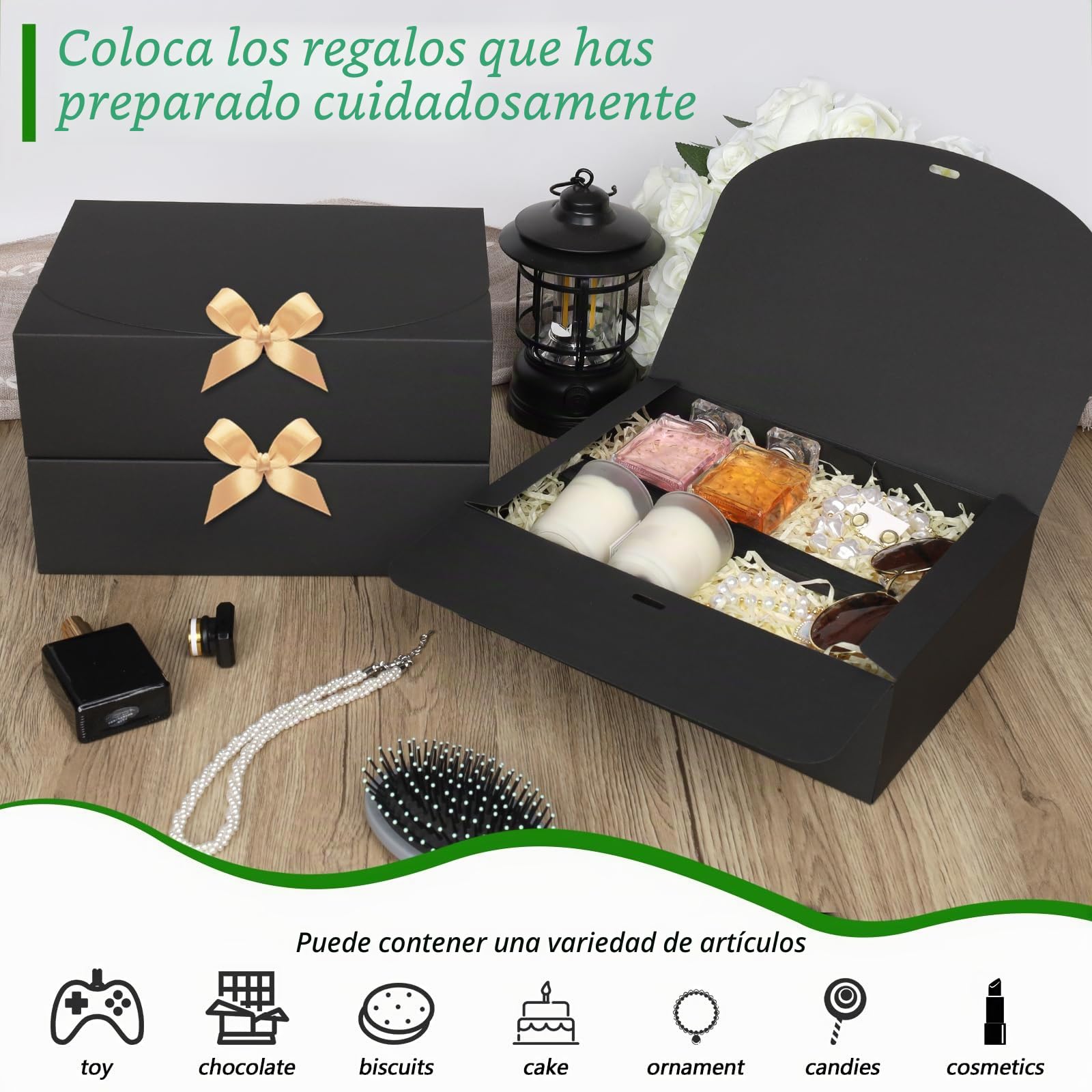 GXFCING 12 Cajas de Regalo Negra, 27 x 20 x 8 cm Plegable Cajas de Regalo Grande con Tapa, Caja Regalo Carton con Cinta de Satén Dorada para Bodas, Cumpleaños, Navidad y Fiestas