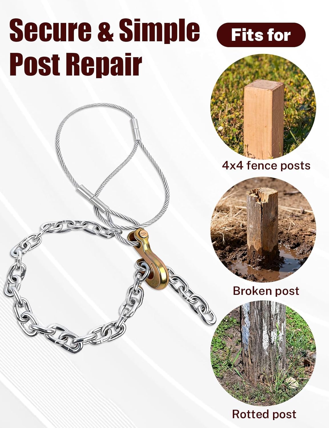 Fence Post Remover Tool with Galvanized Cable & Chain, Wood Fence Post Puller, Works with Jack or Lever for Effortless Extraction of 4x4 Fence Poles (Even Broken) for Residential Farm Fence Repair