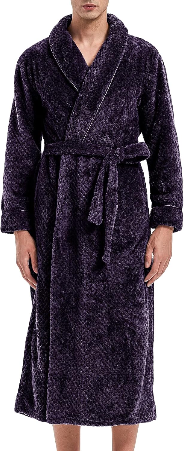 Lu's Chic Men's Fuzzy Robe Long Sleeve Bathrobe Fur Cozy Bath House Knee Length Flannel Lounge