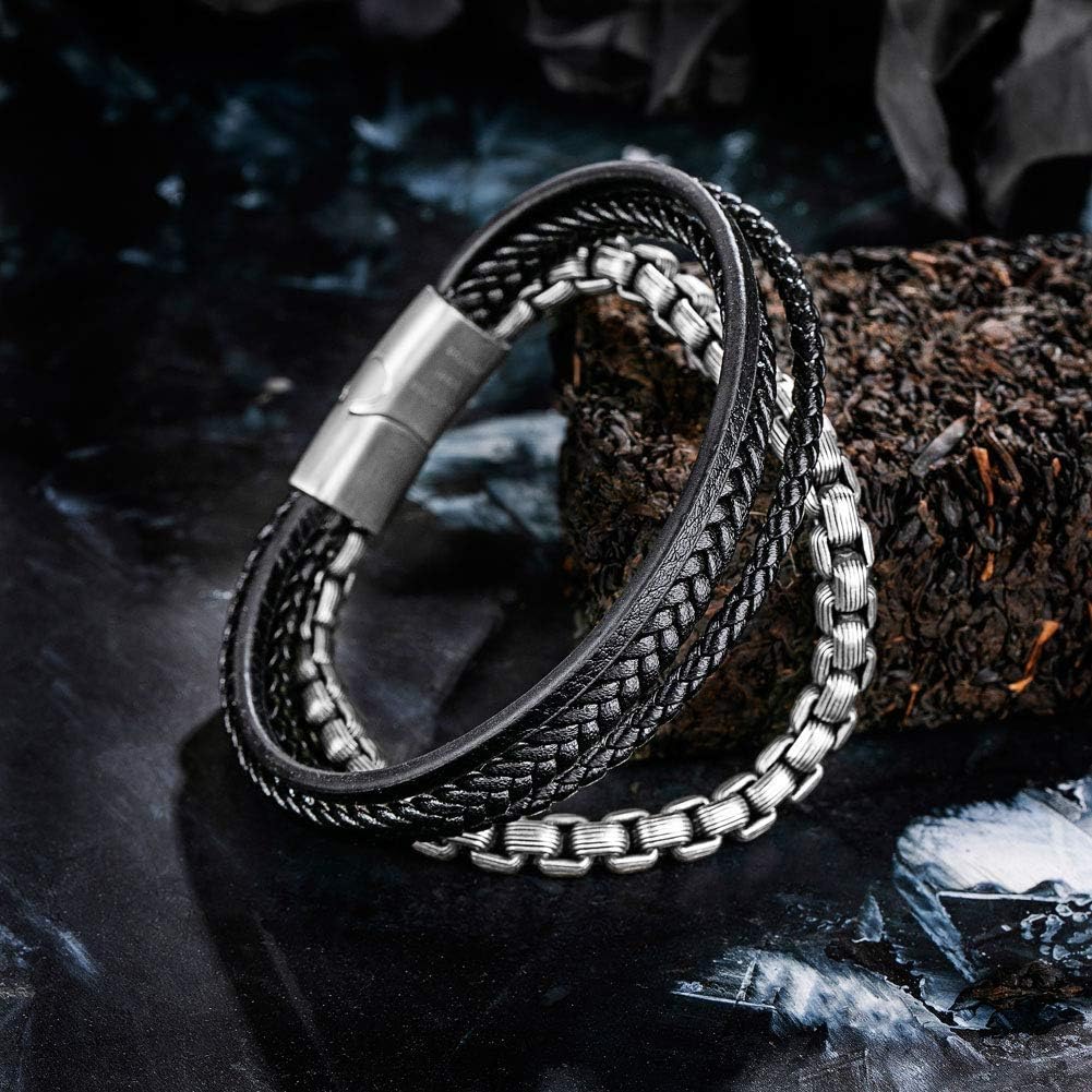 murtoo Mens Bracelet leather and Steel, Stainless Steel Chain and Leather Bracelets for Men - Image 4