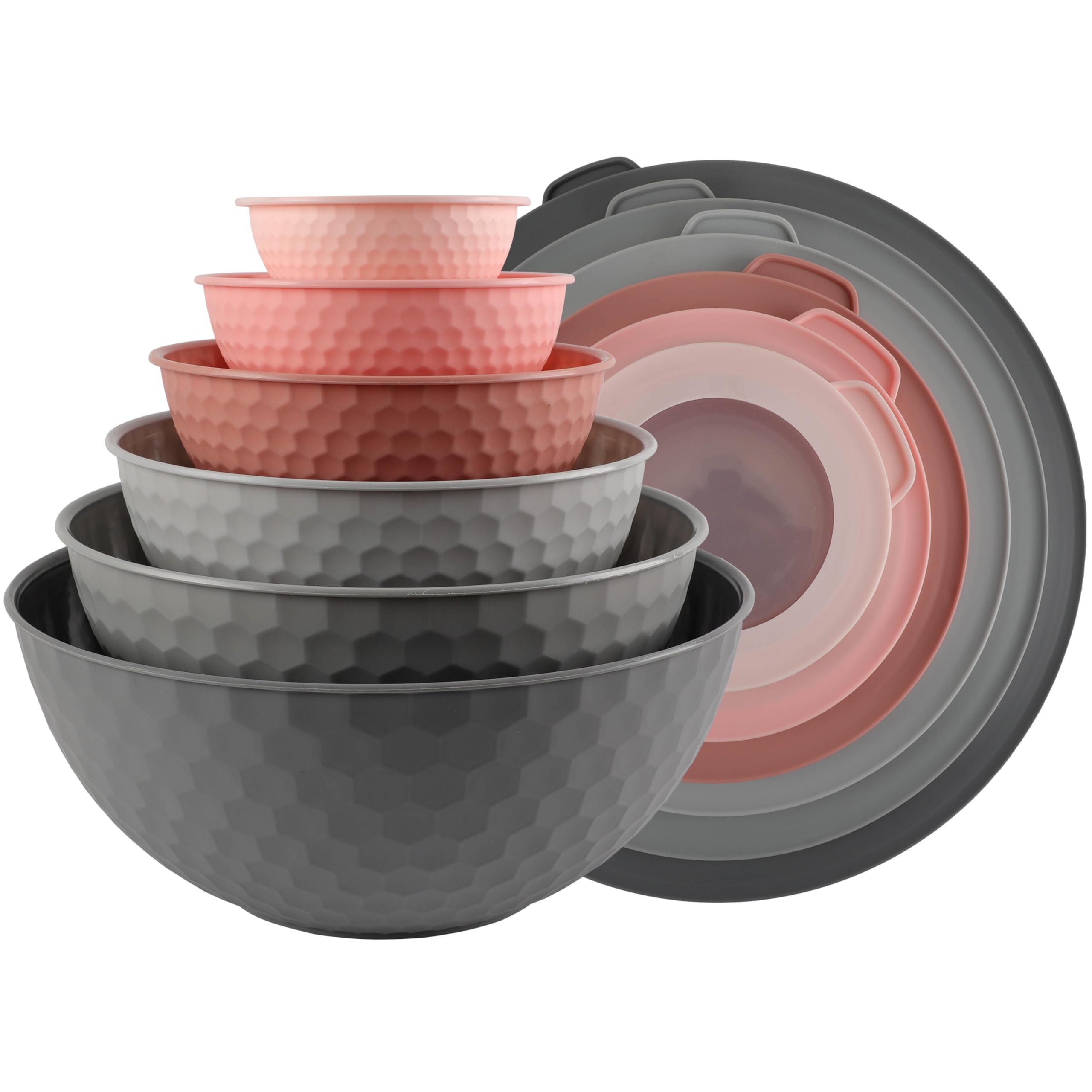 COOK WITH COLORMixing Bowls with Lids - 12 Piece Plastic Nesting Bowls Set includes 6 Prep Bowls and 6 Lids, Non Slip Bottom and Embossed Design - Microwave Safe (Pink)