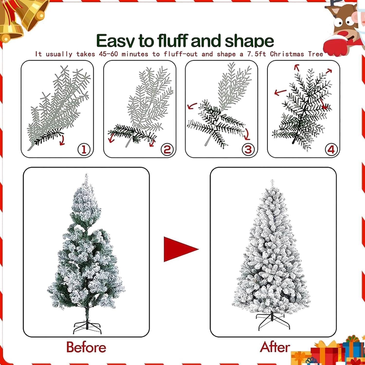 Fenbeli 6FT Snow Flocked Pre Lit Christmas Tree with 250 Colorful LED Lights Full Artificial Xmas Tree 1000 Branch Tips Hinged PVC Evergreen with Metal Stand for Indoor Holiday Home Decoration