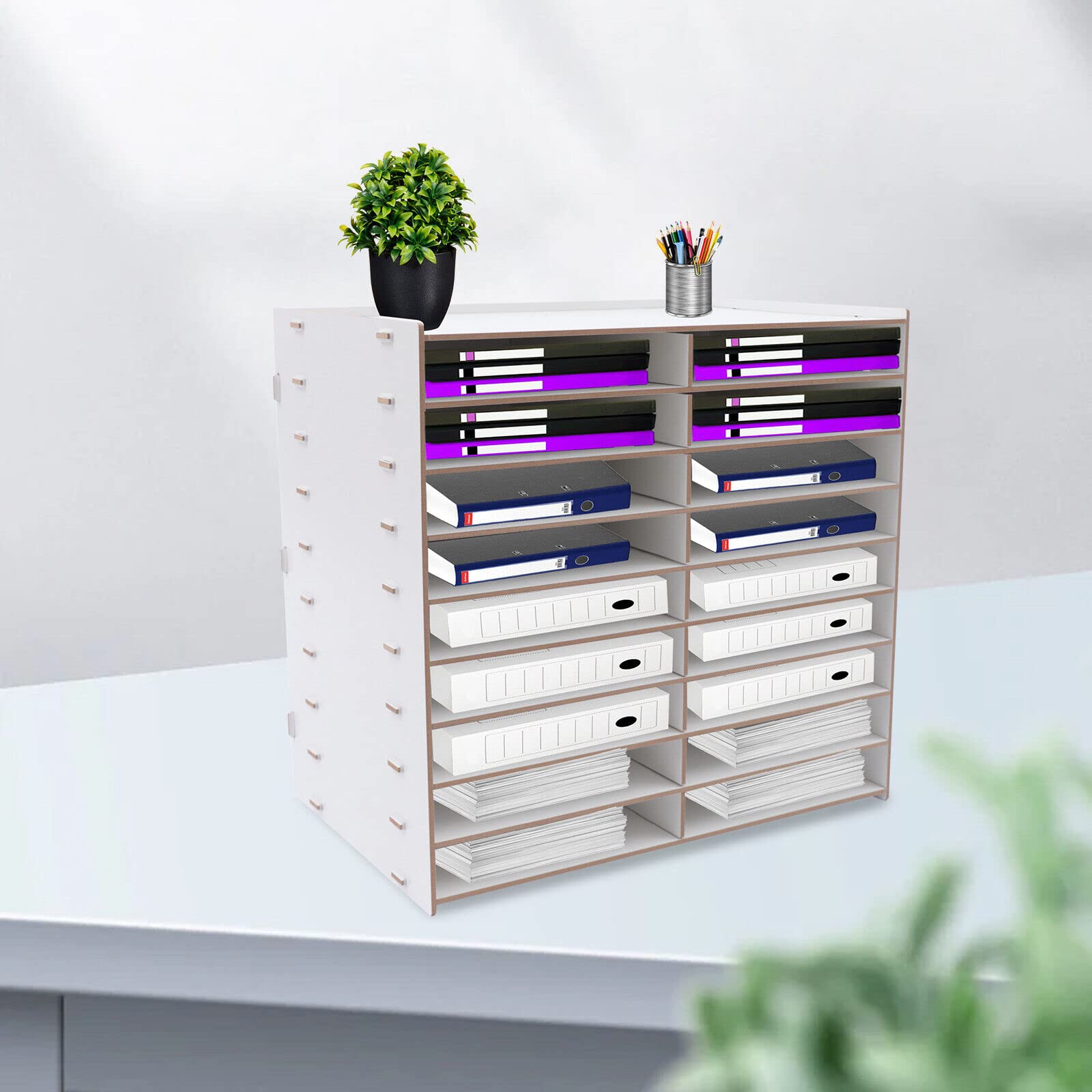 Organizador de escritorio de madera, 18 compartimentos, DIY Office, Multifuncional, para carpetas A4, revistas, papeles y cartas, madera grande, oficina, escritorio, archivador (blanco)