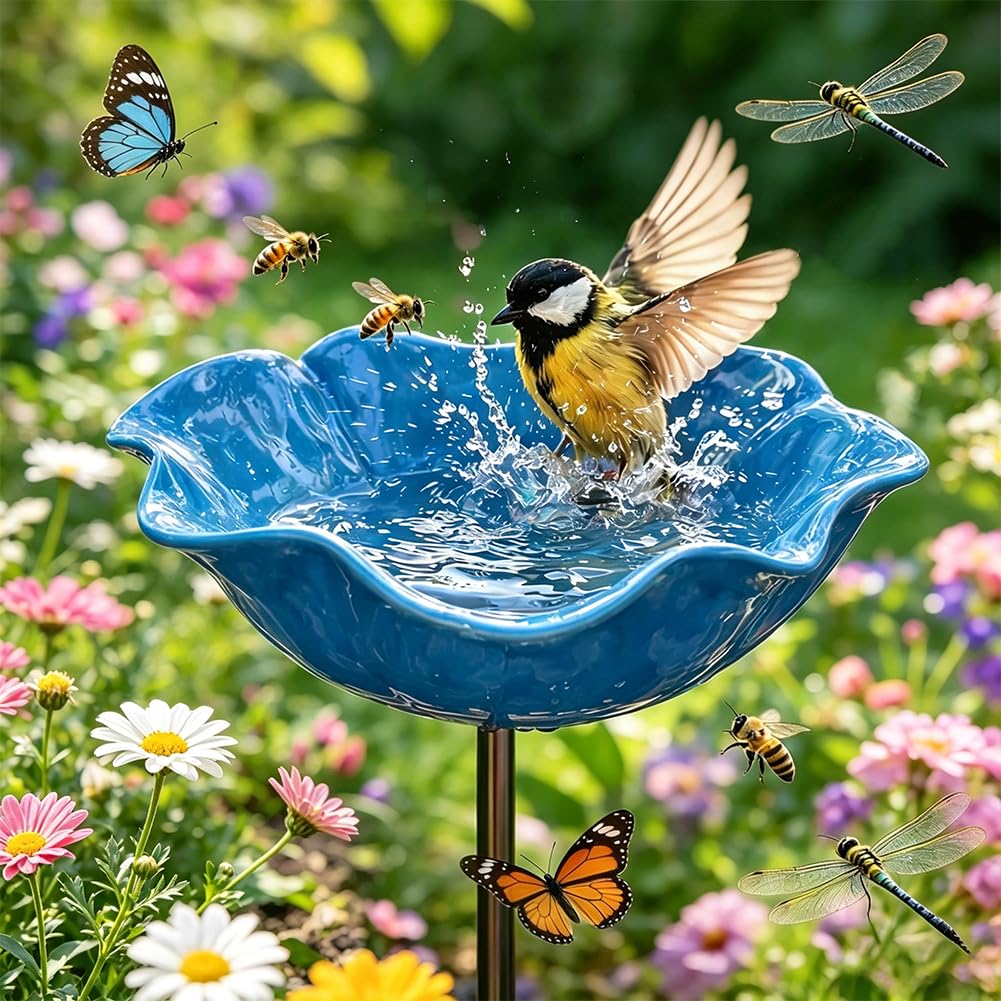 2026 New Handmade Metal Flower Garden Stake Bird Bath, Butterfly Bee Water Feeder with Flower Design, Colorful Outdoor Bird Bath Bowl for Yard, Lawn & Patio Decor(Red-3pcs) — view 8