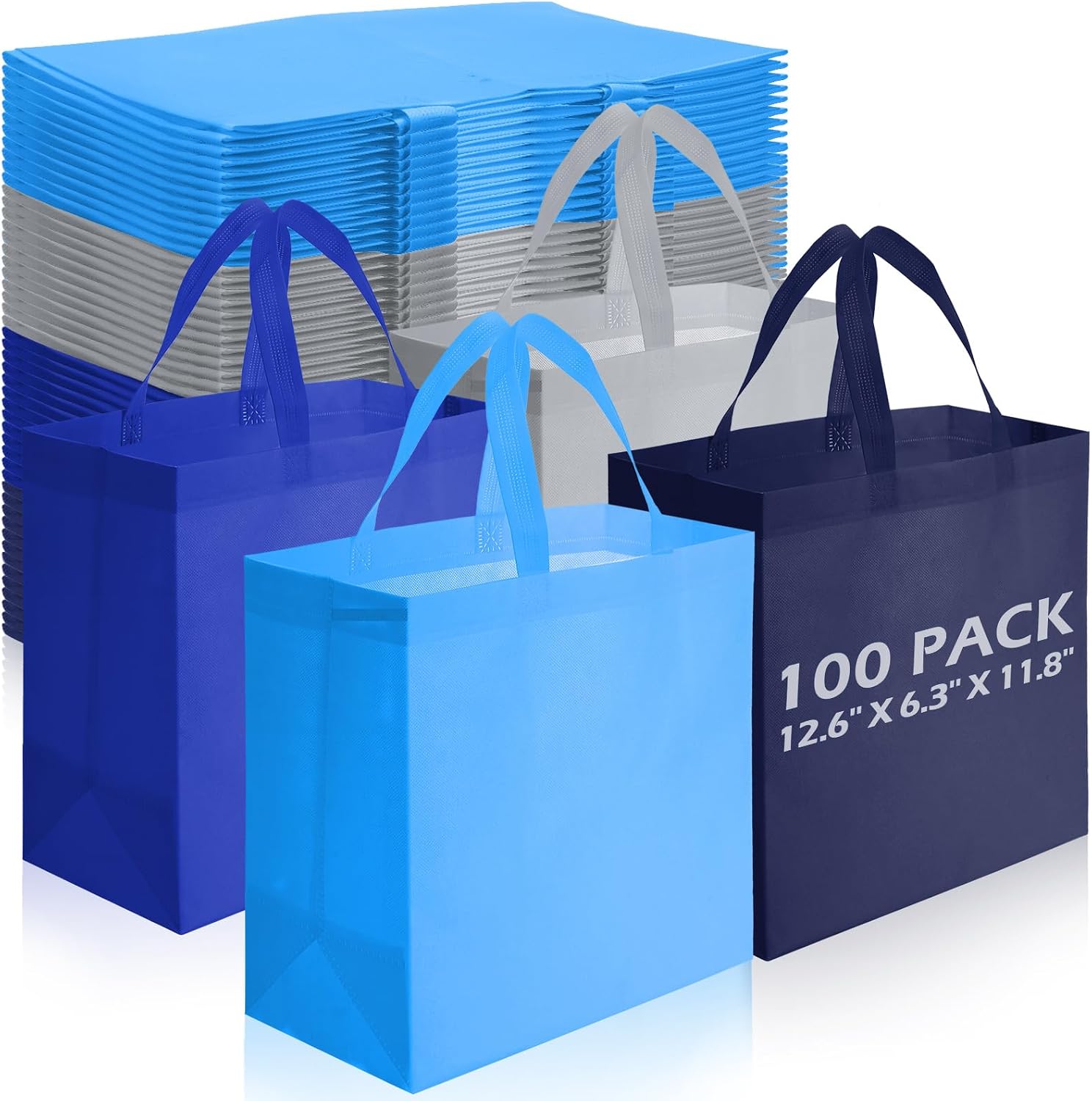 Reginary 100 PCS Reusable Totes Bags - Non Woven Grocery Handle Bags for Shop Events & Retail Store (Blue & Gray)