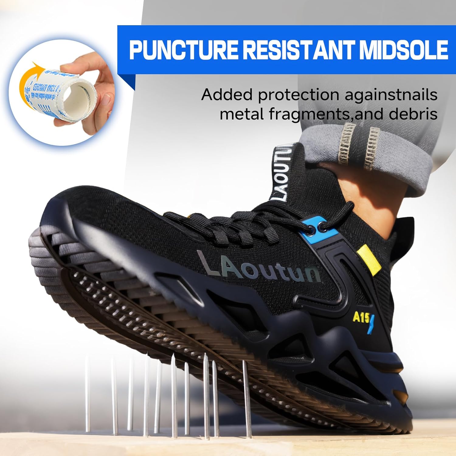 LAoutun Steel Toe Shoes for Men, Lightweight Comfortable Safety Shoes with Puncture Resistant, Indestructible Work Shoes for Construction and Warehouse
