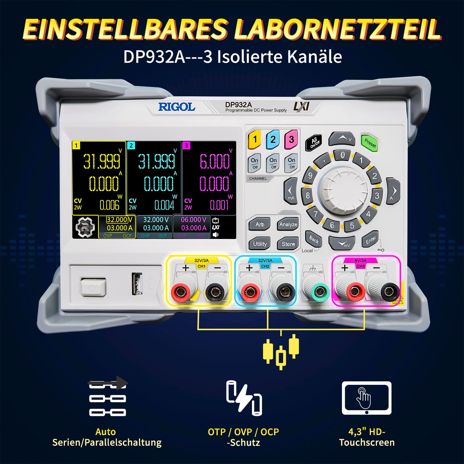 RIGOL Labornetzteil DP932A,Netzteil Regelbar,3 Ausgänge,32V/3A,32V/3A,6V/3A,Auflösung 1mV/1mA,automatische Reihen-und Parallelschaltung,Labor DC-Stromversorgungen