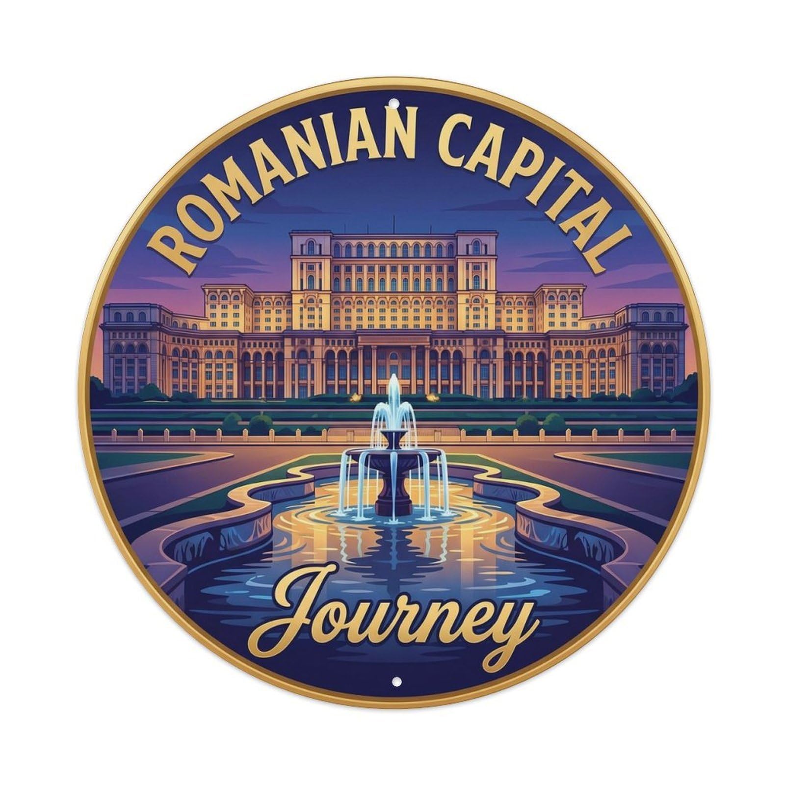 Bucharest Parliament Historic Tourism Classic Destination Metal Tin Sign Plaque Wall Decor for Cafe, Man Cave, Club Bar, Office, Home Garden Round Metal Poster 8x8Inch