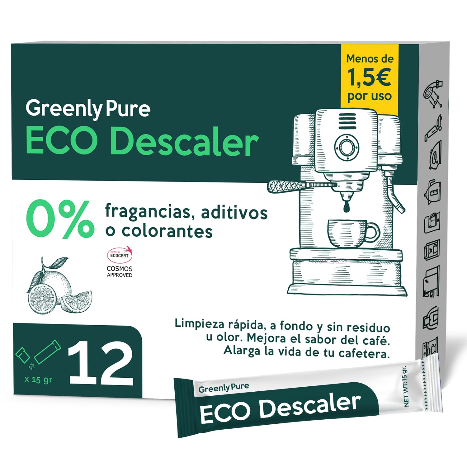 GREENLY PURE Descalcificador de Cafetera Ecológico Universal, 100% Ácido Cítrico en Polvo de Grado Alimenticio, Limpieza Antical Agua, 12 uds x 15 gr