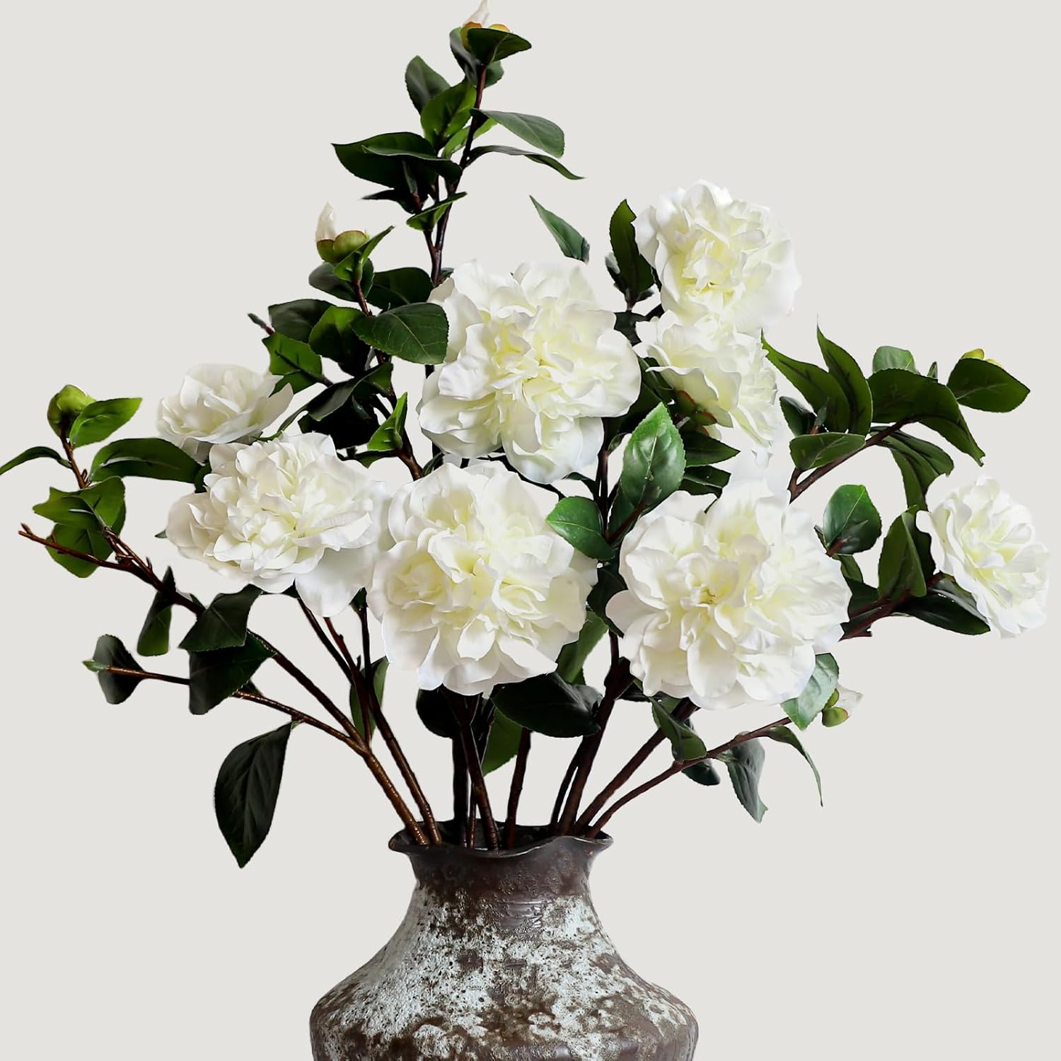KBREE 26” Artificial White Flowers, 4Pcs Cream White Camellia Flowers, Long Floral Stems for Tall Vases, Faux White Flowers for Centerpieces, Wedding, Home & Office Decor