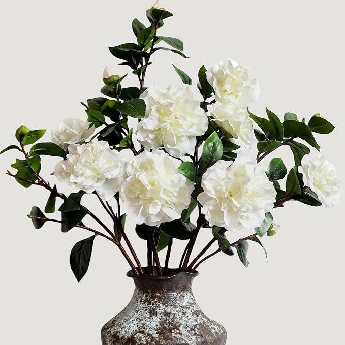 KBREE 26” Artificial White Flowers, 4Pcs Cream White Camellia Flowers