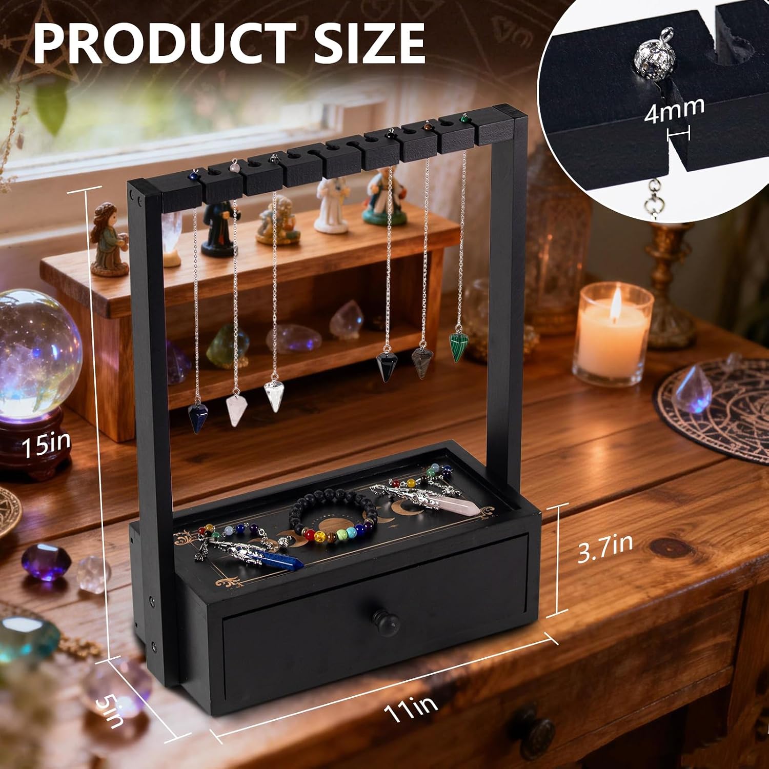 Wooden Pendulum Stand,Crystal Pendulum Display Holder for 15 Pendants,Crystal Necklace Holder with Drawer for Wiccan Decor,Witch Supplies (Black)
