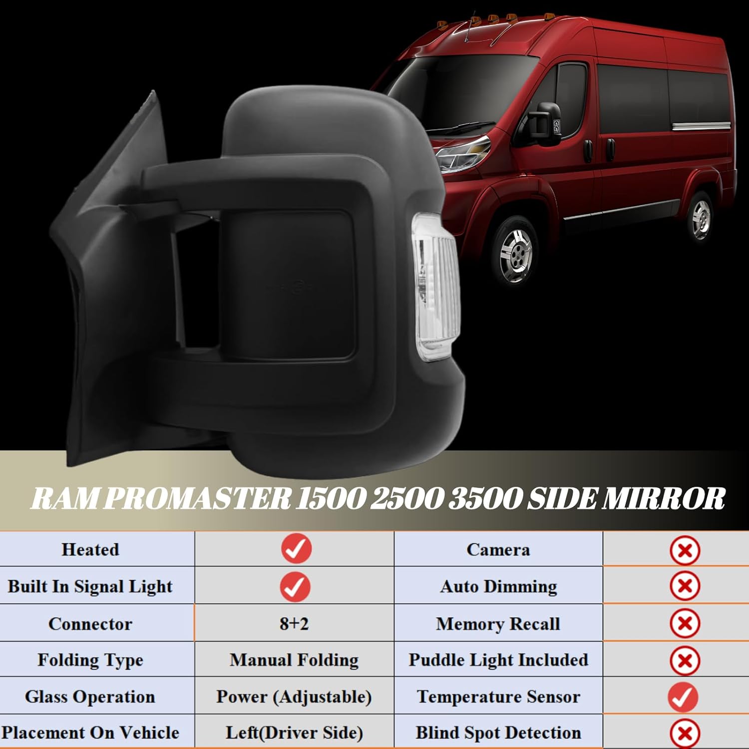 Driver Side Mirror Compatible with 2014-2024 Ram Promaster 1500 2500 3500 (Short Arm) With Heated Power Glass Turn Signals Light Temperature Sensor Manual Folding 8+2 Pins Textured Black
