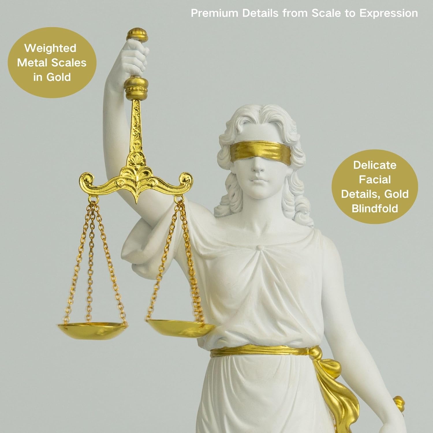 Lady Justice Statue, 13in White and Gold Decorative Sculpture with Scale and Sword, Law Office Desk Decor, Lawyer Gift, Blind Justice Figurine for Bookshelf Living Room (White & Gold)