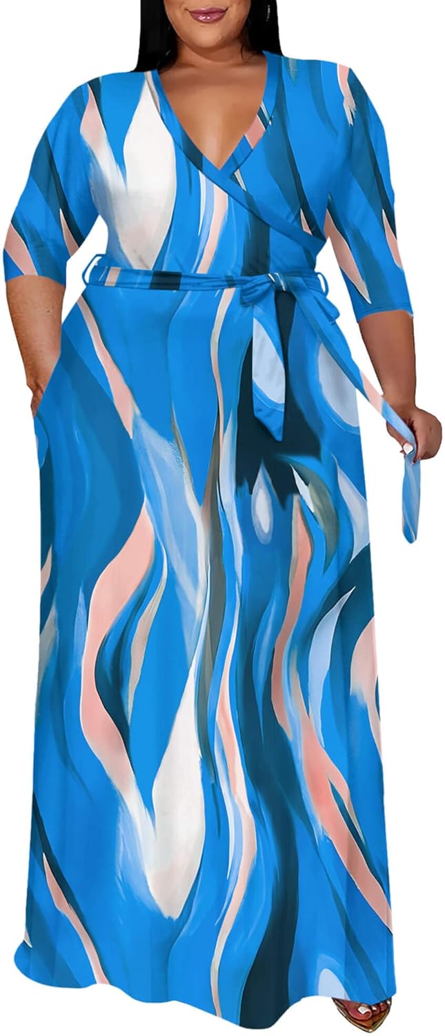 Runwind Plus Size Dress for Women - 3/4 Sleeve V Neck Maxi Dresses for Women (XL-6XL)