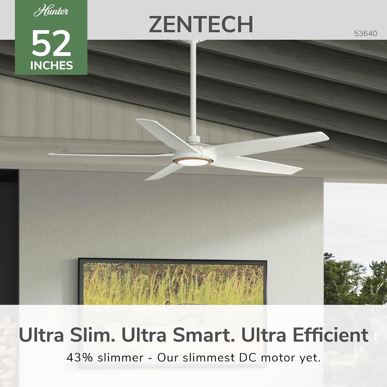 Hunter ZenTech 52 Inch Smart Ceiling Fan with LED Light for Bedroom or Living Room, Indoor/Outdoor Damp Rated, 5-Blade, Fresh White, Wi-Fi Enabled, Compatible with Alexa, Google & Apple