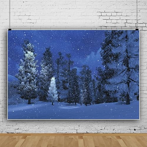 Leowefowa Telón de fondo de vinilo de 10 x 5 pies, bosque de pinos, nieve, copo de nieve, fondo de noche de pueblo de Navidad, decoración de fiesta