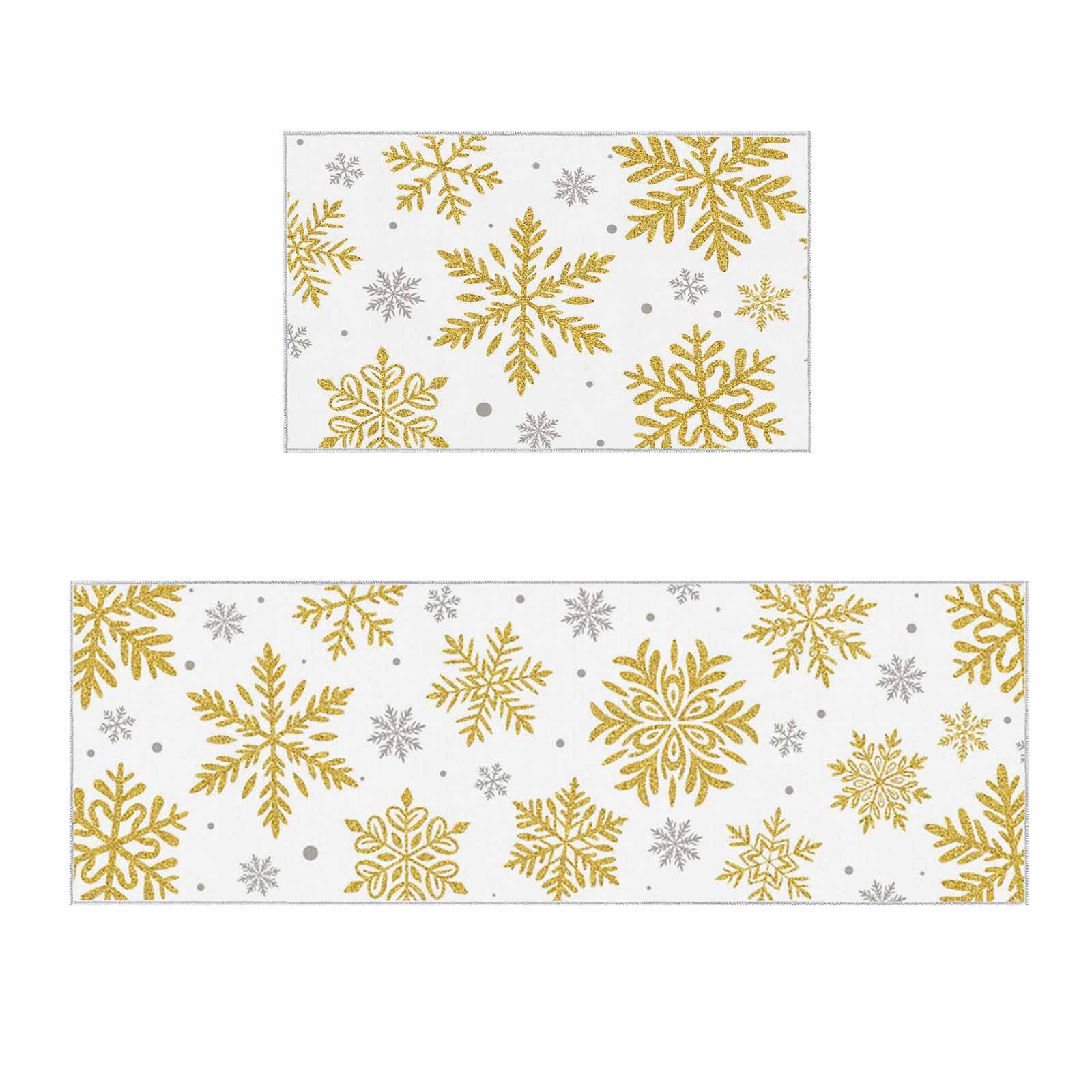 Kitchen Runner Rug, Christmas Gold Snowflakes Snow Winter New Year Non Slip Runner Carpet Door Mats Floor Mat for Laundry Bedside Bathroom Bedroom Set