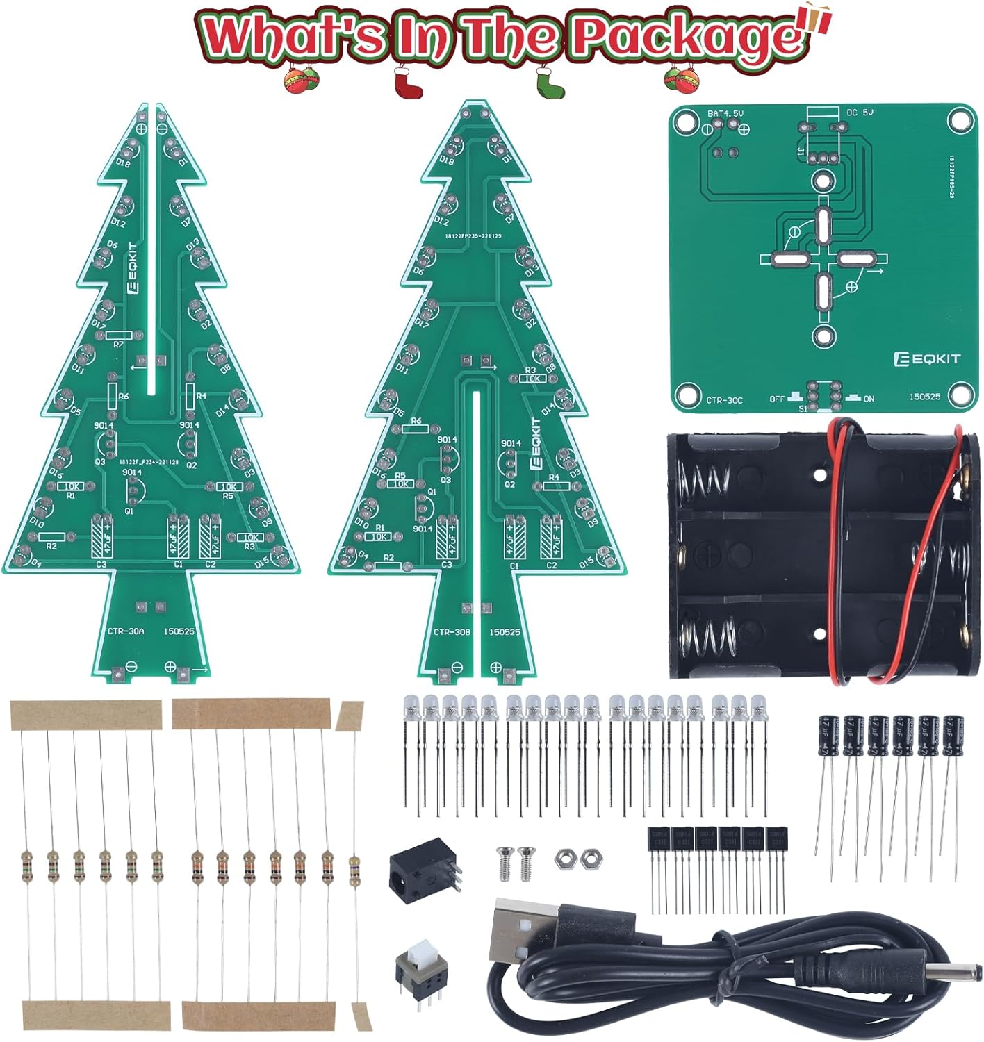 Contents of the Icstation 3D Christmas Tree Soldering Kit, including two tree-shaped PCBs, one base PCB, a battery holder, USB cable, various resistors, LEDs, capacitors, transistors, and small hardware.