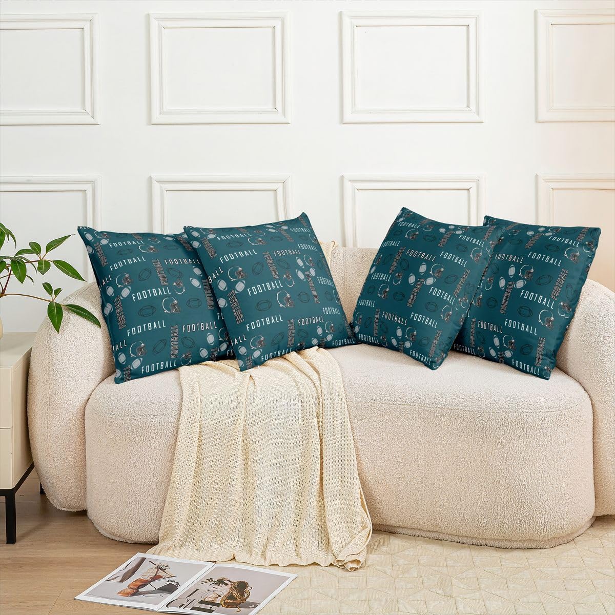 jejeloiu Football Throw Pillow Covers Set of 2 24 x 24-Inch Kids Rugby Sports Cushion Case for Boys Girls Teens Football City Decor Pillowcase Green Gray Room Decor