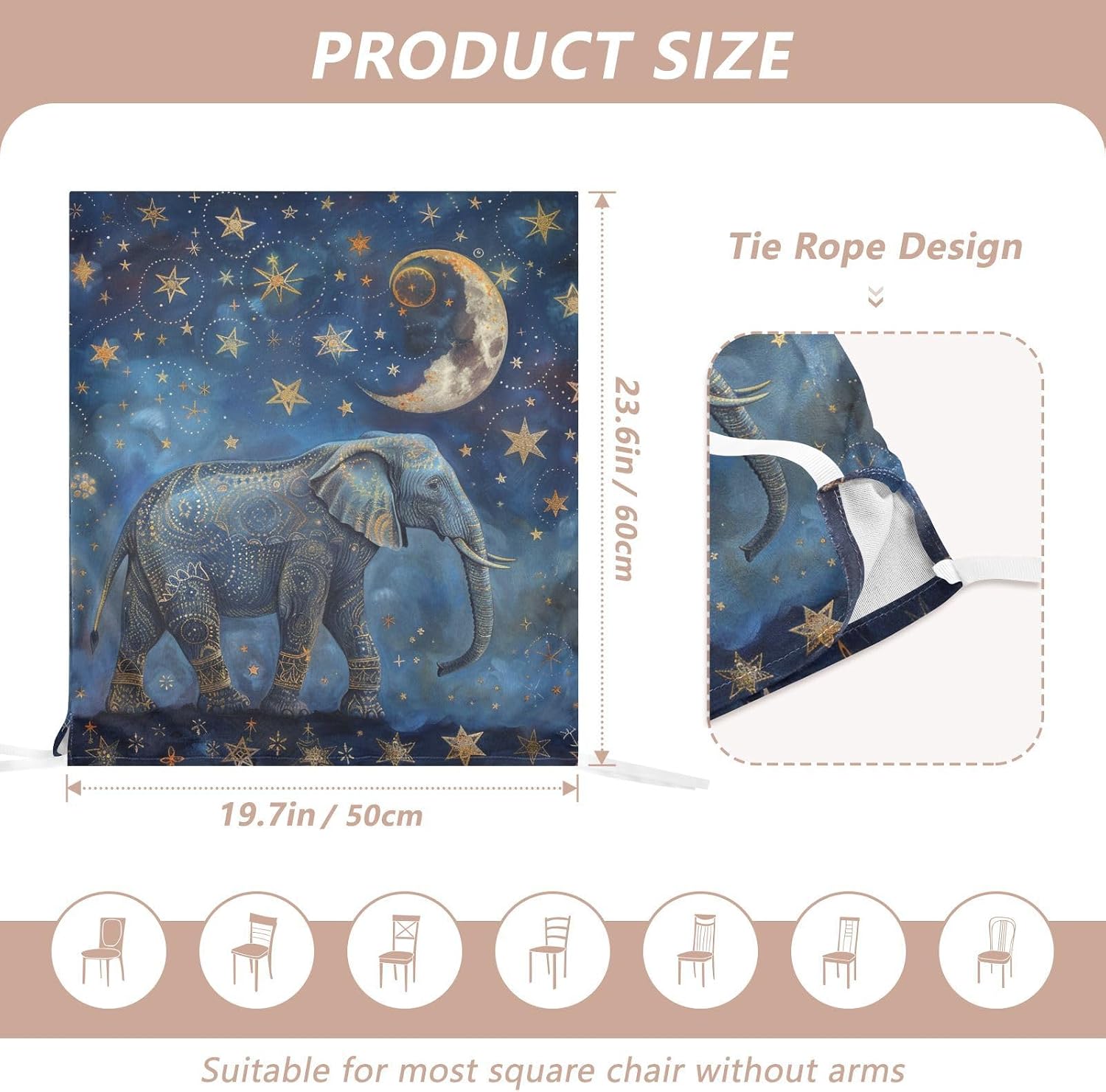 ALAZA Retro Elephant Moon Stars Chair Back Cover Set of 6, Washable Reusable Removable Chair Slipcovers Decorative Chair Cover for Home Kitchen Wedding Party